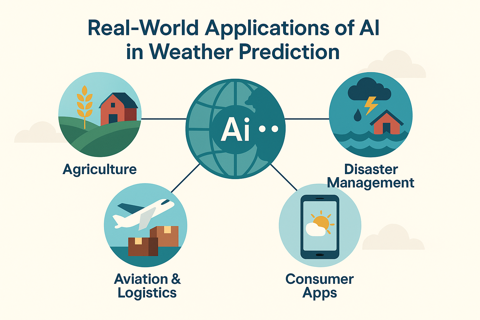 Infographic showing real-world applications of AI in weather forecasting including agriculture, disaster management, aviation, logistics, and consumer apps.