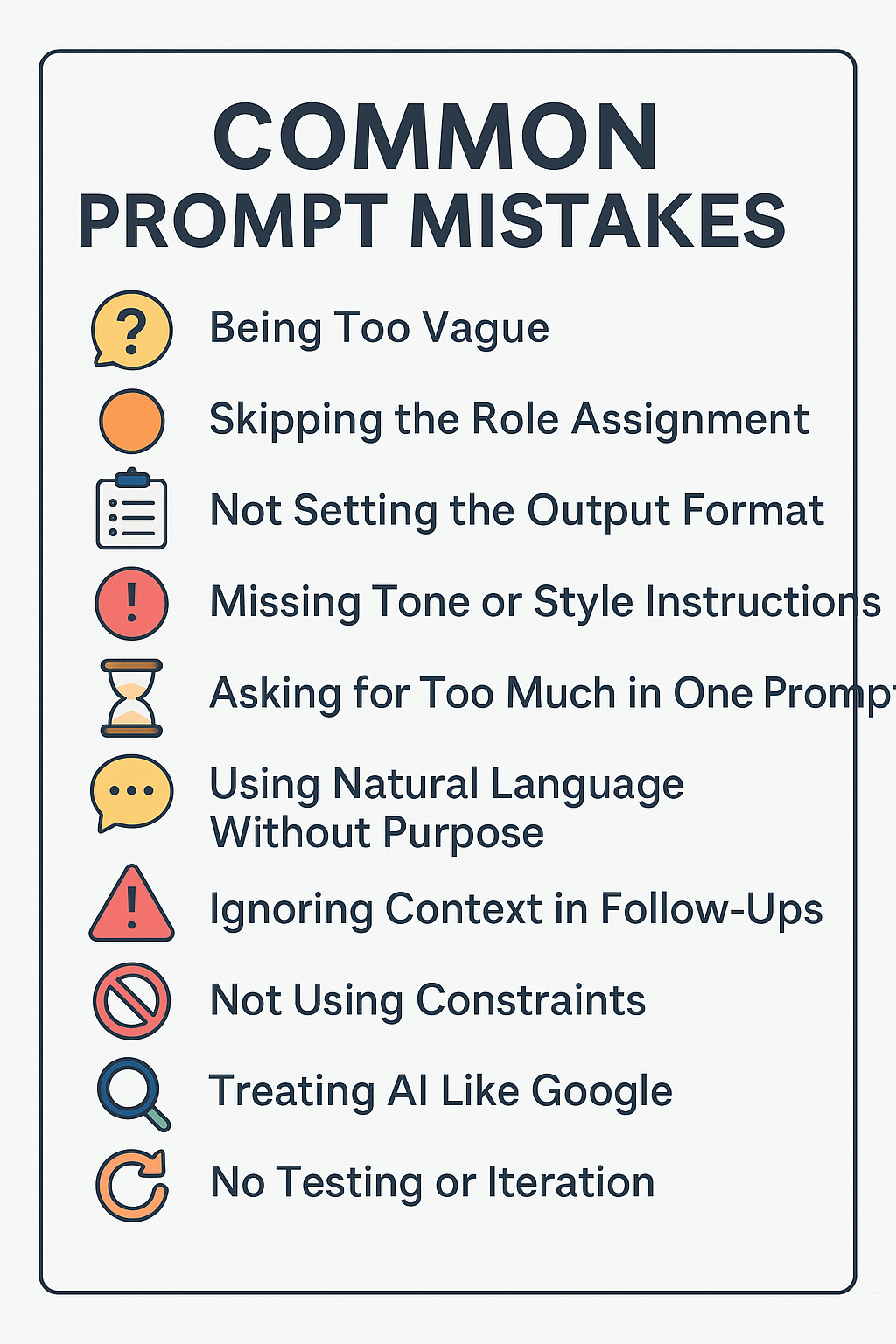 Common AI prompt mistakes infographic – how to fix poor AI prompts with better structure and clarity