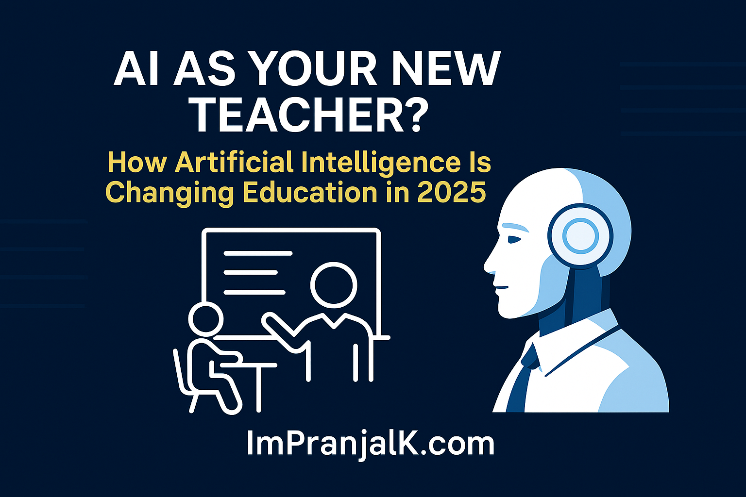 Cartoon-style illustration of AI teaching students using laptops and digital tools, representing artificial intelligence in education in 2025 – ImPranjalK.com