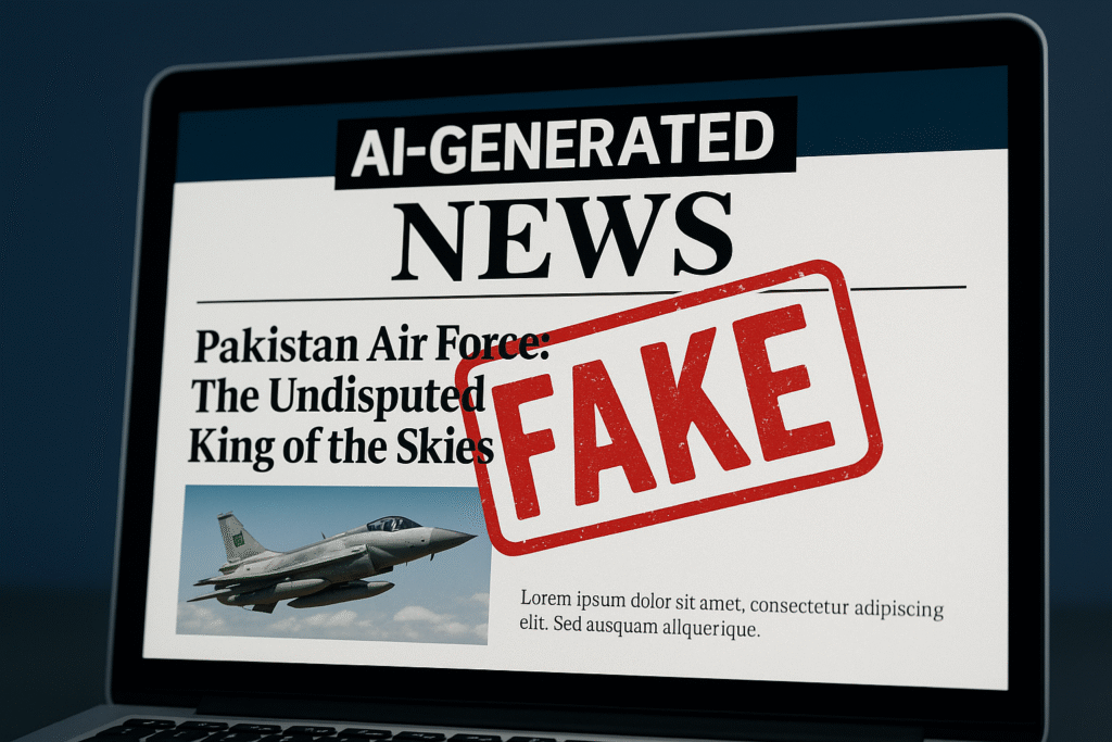An AI-generated fake news image falsely claiming praise for the Pakistan Air Force, later debunked and marked FAKE by fact-checkers.