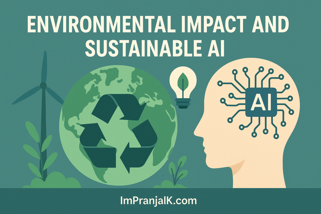 A flat-style illustration showing the balance between artificial intelligence and environmental sustainability, featuring a human head with AI chip, a recycling symbol on Earth, wind turbine, green leaves, and a light bulb with a leaf inside.