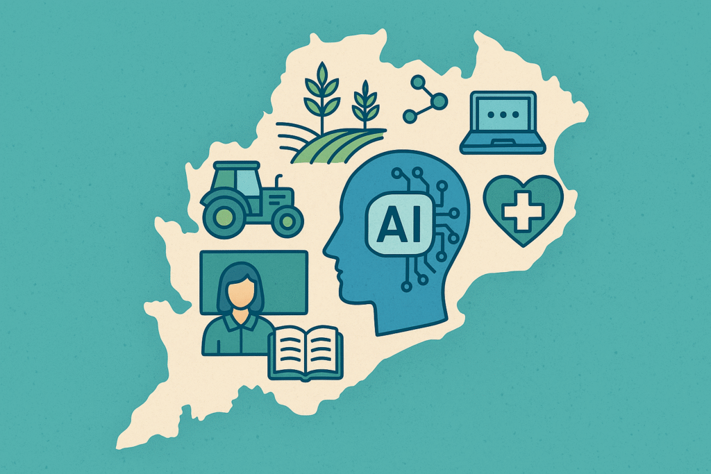Digital illustration of Odisha map with icons of AI, agriculture, healthcare, education, and technology representing Odisha's AI Policy 2025.