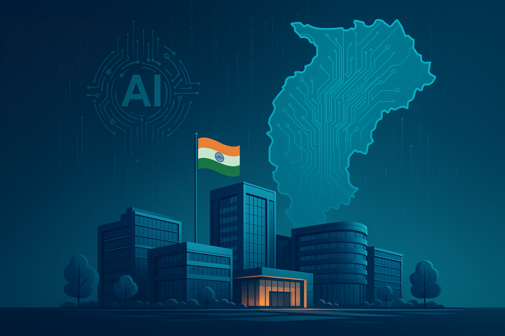 Futuristic tech park illustration with Indian flag and AI circuit map of Chhattisgarh, representing India’s first AI SEZ.