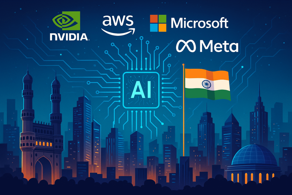 Futuristic Hyderabad skyline with AI chip, Indian flag, and logos of NVIDIA, AWS, Microsoft, and Meta representing Telangana's AI City initiative.