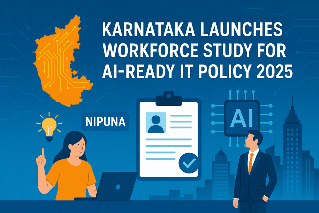 Illustration of Karnataka’s AI-driven workforce transformation with digital skilling, policy planning, and futuristic cityscape