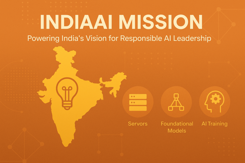 Illustration of the IndiaAI Mission showing a map of India with a glowing light bulb, icons for servers, foundational models, and AI training, representing India’s national AI vision.