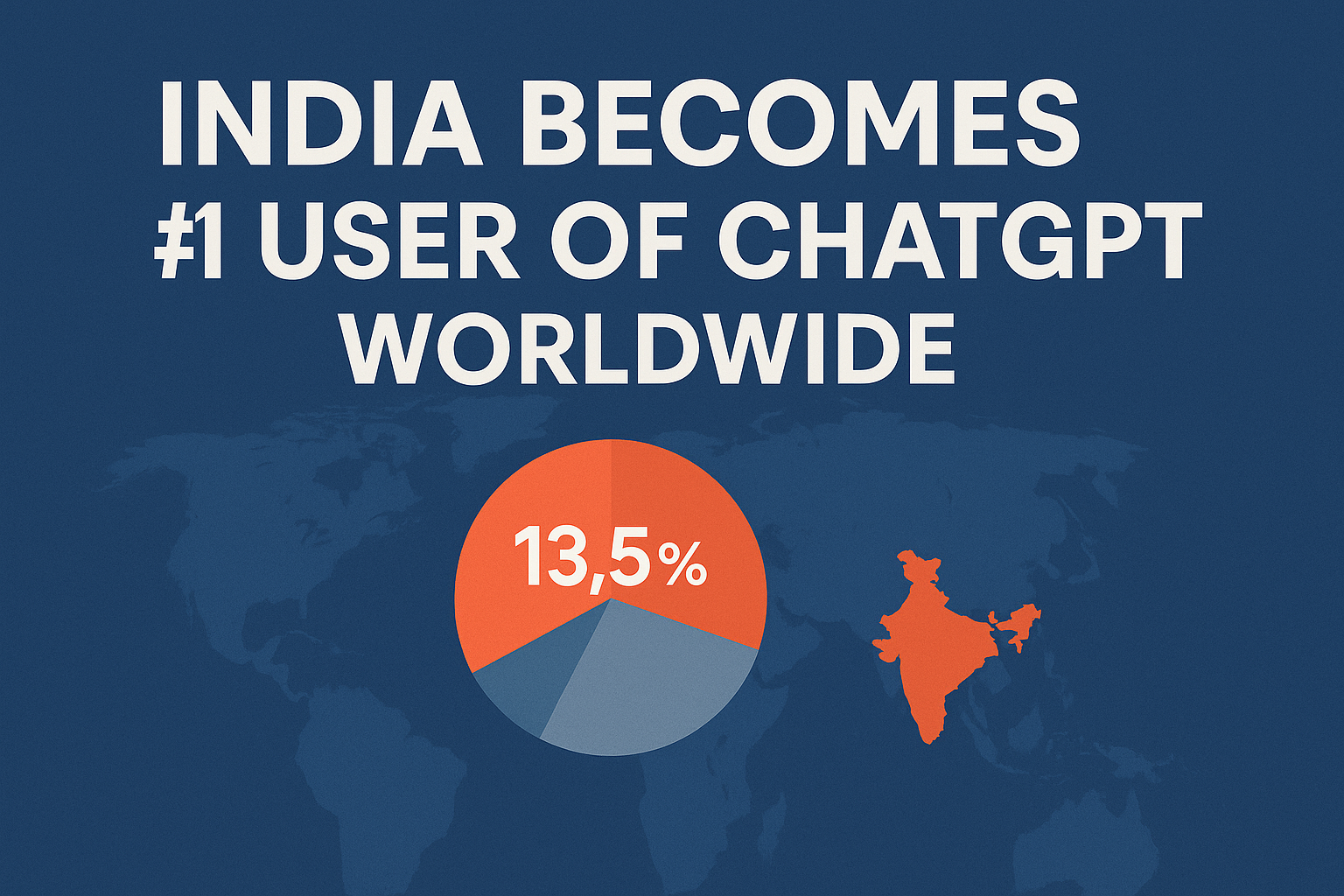 Infographic showing India as the number one global user of ChatGPT with 13.5% usage share highlighted on a world map and pie chart.