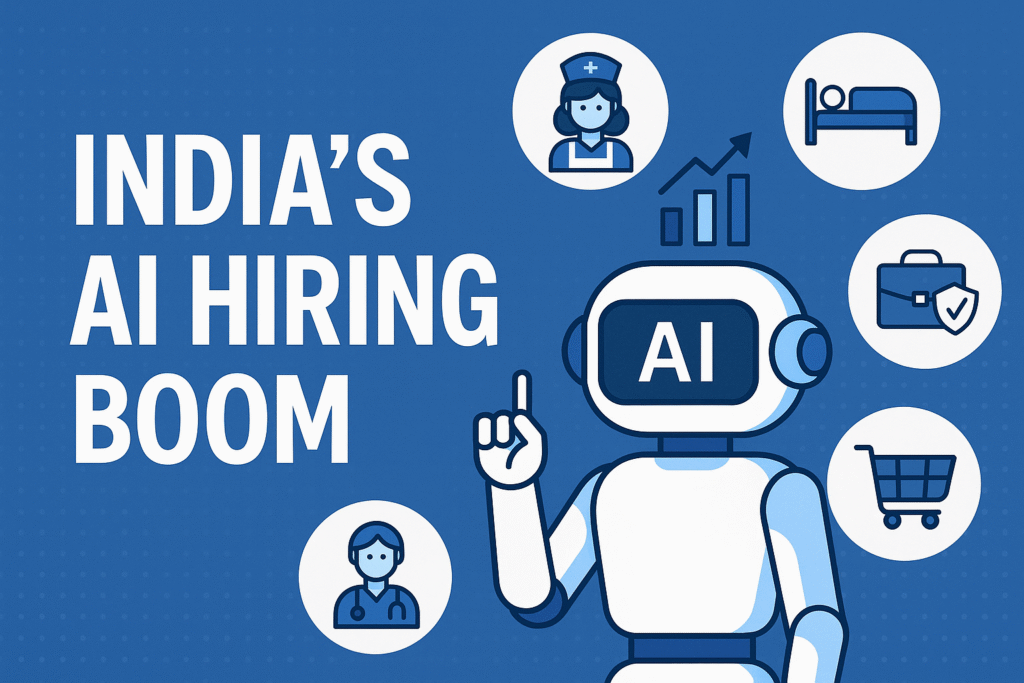 Illustration of India’s AI hiring boom featuring a robot and icons of healthcare, hospitality, insurance, and retail, symbolizing job growth in non-IT sectors.